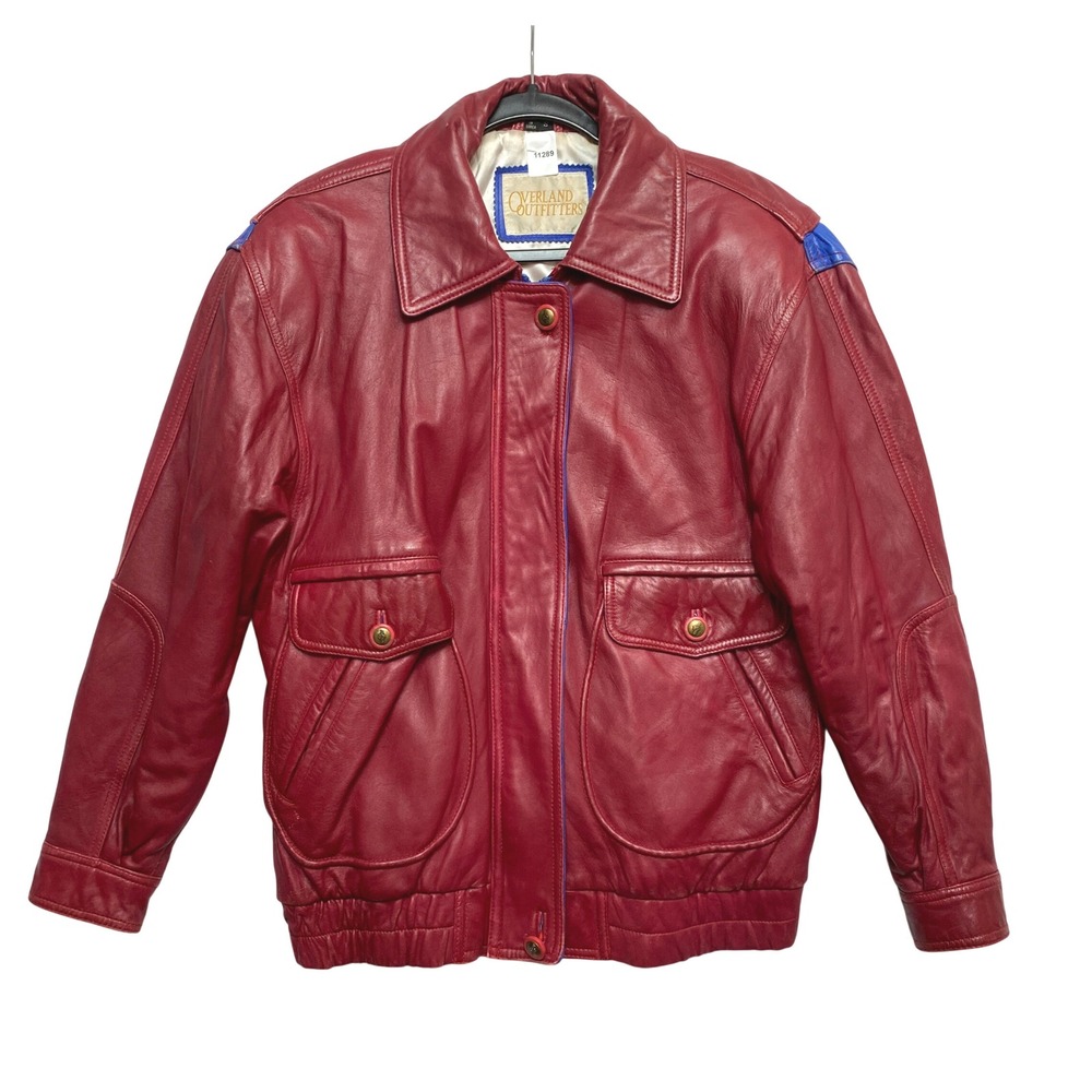 Overland Outfitters Bomber Jacket Mens S Red Blue Leather Thermolite Vintage